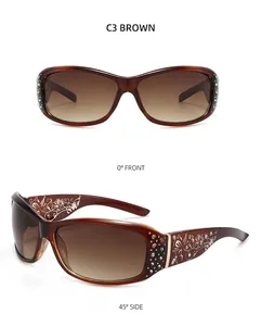 Detail of brown tortoiseshell sunglasses with rhinestone edges and floral temples