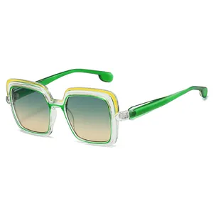 Square fashion sunglasses with multilayer green yellow frame and gradient lenses