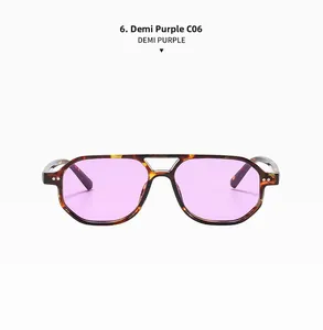 Detail view of double bridge aviator sunglasses in demi purple with metal rivets