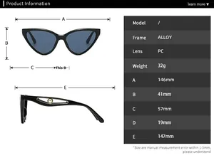 Detailed size specifications for cat-eye sunglasses with alloy frames and pearl accents