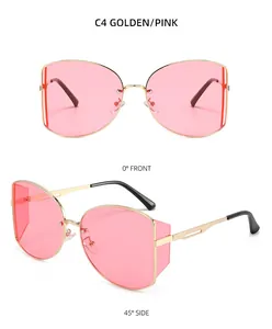 Vorder- und Seitenansicht der übergroßen Metall-Sonnenbrille in Gold mit rosa Gläsern