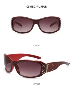 Detail of red floral carving and crystal rhinestones on stylish sunglasses frame