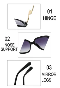 Detail of metal hinge, integrated nose pads and gradient lenses on oversized sunglasses