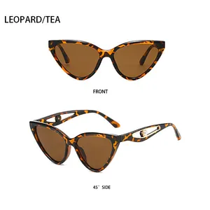 Detailed front and side views of leopard cat-eye sunglasses with metal pearl temples