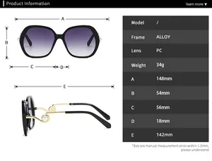 Detailed size chart for oversized metal sunglasses with pearls and gradient lenses