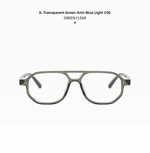 Detail of transparent green aviator frame with anti-blue light clear lenses and rivets