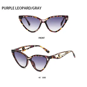 Cat-eye sunglasses with purple leopard print frames, pearl decor, and gradient lenses