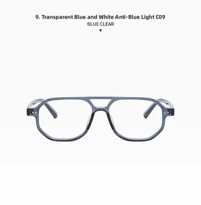 Detail of transparent blue double bridge pilot frame with blue light blocking lenses