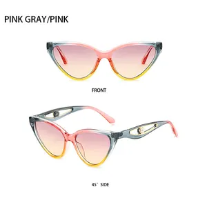 Cat eye sunglasses detail with gradient pink frames and pearl inlay metal temples