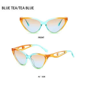 Detail view of cat-eye sunglasses with colorful gradient frame and pearl temple accent