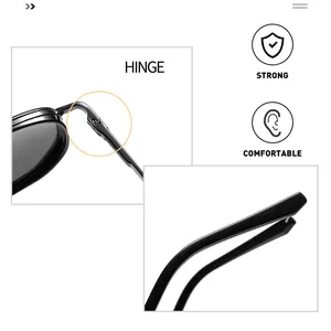 Detail of durable reinforced hinges and comfortable ergonomic temples on black sunglasses