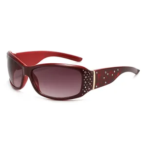 Elegant wine red rhinestone sunglasses with gradient purple lenses and floral temples