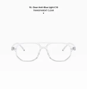 Detail of transparent aviator glasses frames with blue light blocking lenses and double bridge