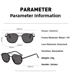 Polarized spring hinge sunglasses with detailed dimensions and technical specifications