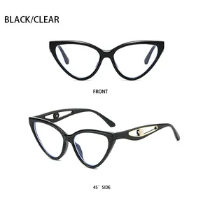 Cat eye glasses frame with gold hollow metal temples and pearl accents in black and clear