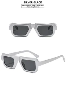 Détails de lunettes de soleil géométriques futuristes argentées avec verres gris noir