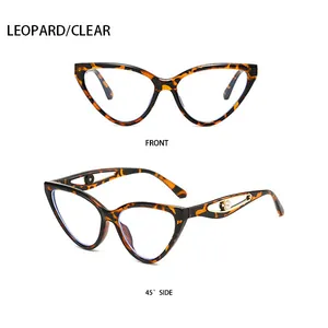 Detailed views of leopard print cat-eye frames with hollow metal temples and pearl accents