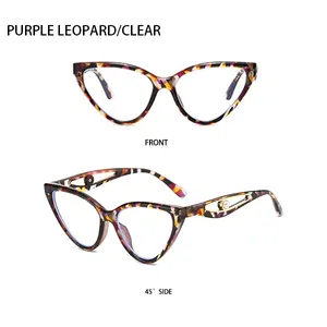 Detail of purple leopard cat-eye sunglasses featuring hollow metal arms and pearl accents