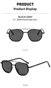 Detail of black aviator sunglasses with polarized grey lenses and double bridge design