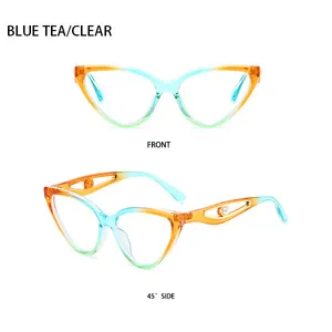 Detail of cat eye sunglasses with orange to blue gradient frame and pearl temple decor