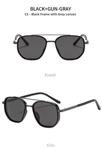 Polarized sunglasses detail showing black metal spring hinges and textured temple tips