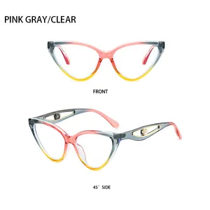 Detailed view of pink gray gradient cat eye sunglasses with pearl hollow temples
