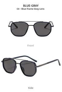 Detailed macro view of trendy C4 metal spring sunglasses with blue-gray polarized lenses