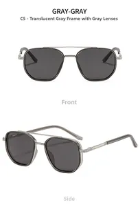 Front and side view of transparent grey polarized sunglasses with metal spring hinge