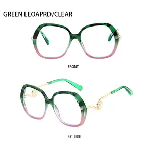 Front and 45-degree side views of green leopard and clear gradient large frame sunglasses