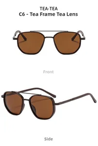 Detailed front and side view of brown polarized spring hinge sunglasses with metal accents