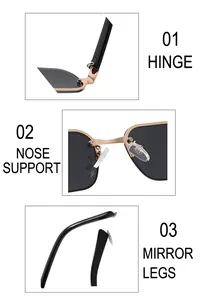 Détails des charnières en métal, des plaquettes et des branches de lunettes de soleil