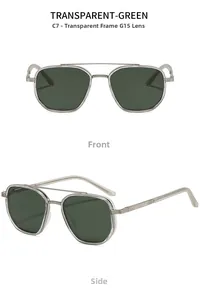 Detail of C7 sunglasses with transparent frames, G15 lenses and silver metal spring hinges