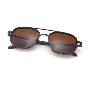Black hexagonal metal polarized sunglasses with brown lenses and double bridge design