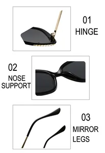 Details of reinforced hinge, nose support and temple tips of fashion metal sunglasses