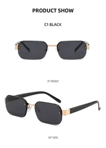 Vues de face et de côté à 45 degrés de lunettes de soleil carrées noires avec pont doré