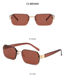 Vue détaillée des lunettes de soleil carrées sans monture marron avec pont doré