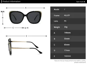 Detailed size chart for alloy cat eye sunglasses with metal chain decorative frame
