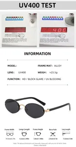 Detail view of rimless metal sunglasses with UV400 test and precise dimensions