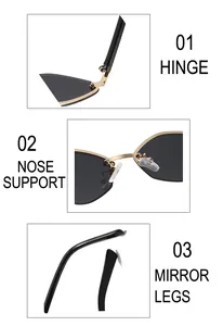 Detail view of gold metal hinges, nose pads and curved temple tips on fashion sunglasses