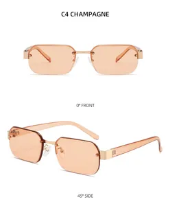 Vue détaillée des lunettes de soleil carrées sans monture champagne et métal doré