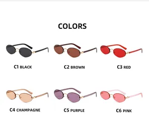 Selection of six rimless oval sunglasses with gold metal frames in diverse lens colors