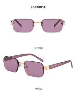 Vue détaillée de face et de côté de lunettes de soleil violettes sans monture dorées
