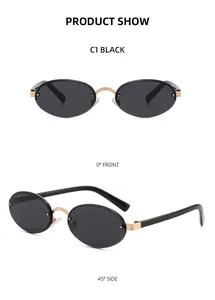 Front and side views of rimless oval sunglasses with black lenses and gold metal bridge