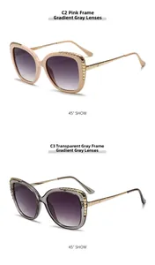 Detail view of pink and translucent grey cat-eye sunglasses with gold metal temples
