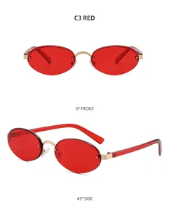Front and 45-degree side views of retro rimless oval sunglasses with red lenses and gold metal