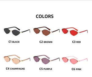 Detailed color options for frameless geometric diamond cut sunglasses with metal temples