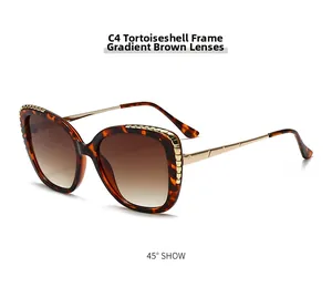 Detail view of tortoiseshell sunglasses with gradient tea lenses and gold metal temples