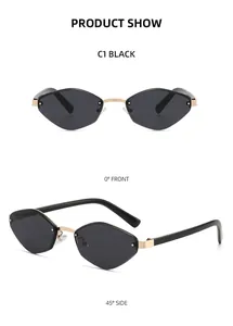 Front and side views of small geometric rimless sunglasses with black lenses and gold metal parts