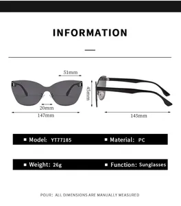 Dimensions détaillées des lunettes de soleil œil-de-chat sans monture en PC gris
