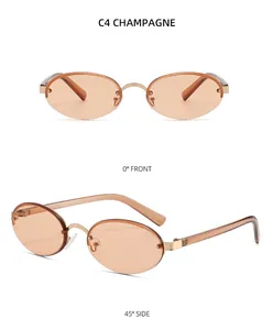 Frameless oval sunglasses in champagne tint with gold metal bridge and side view details